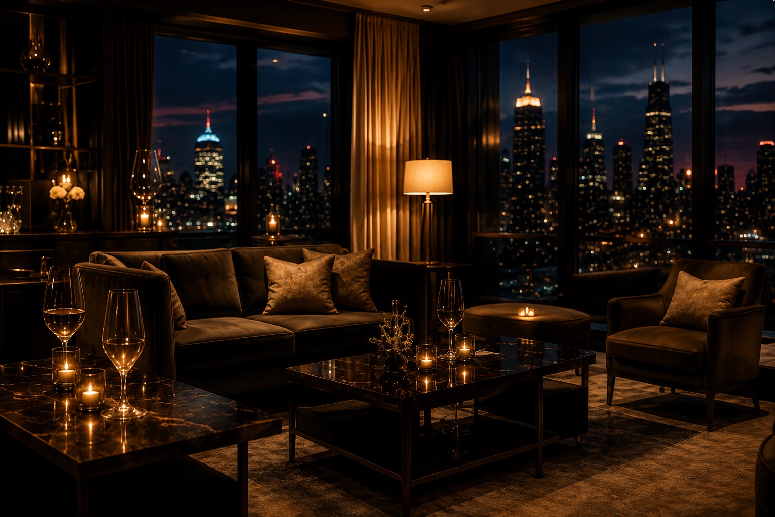 Luxury wine lounge overlooking the Chicago skyline at night