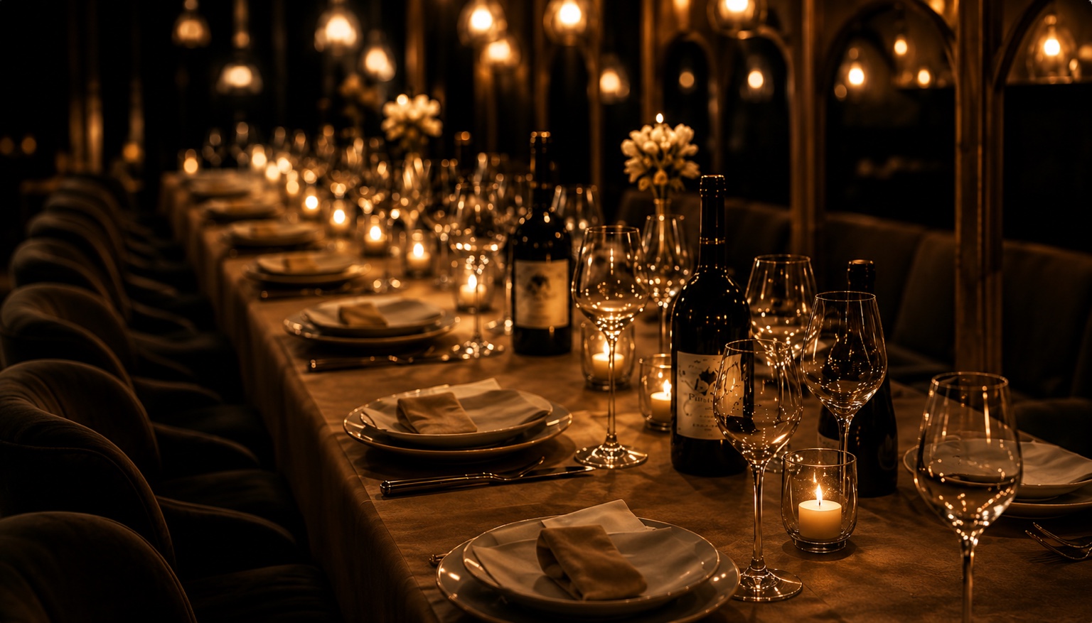 An intimate candlelit wine dinner table