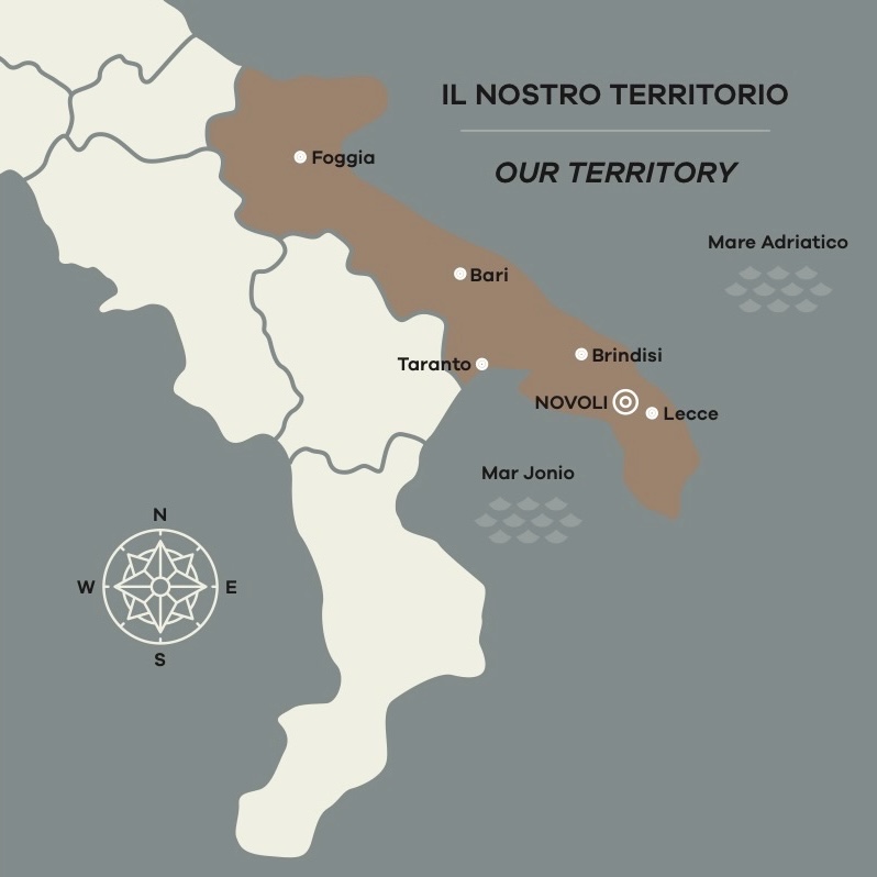 Map of Puglia showing Novoli near Lecce between the Adriatic and Ionian seas